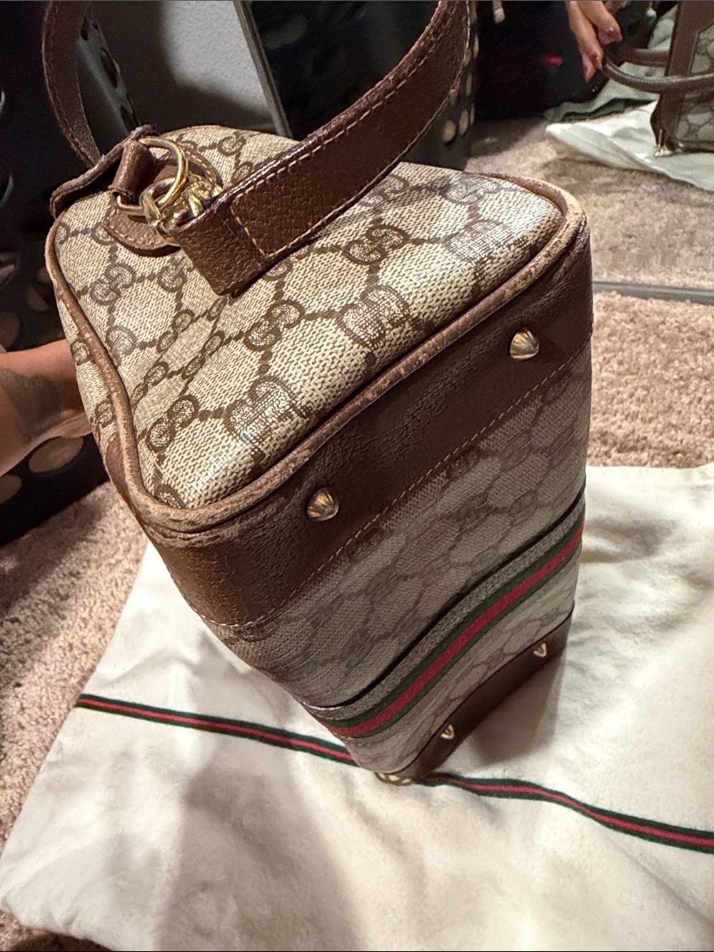 Gucci Brown GG Supreme Canvas Top Handle Satchel with Green-Red Web - Picture 8 of 14